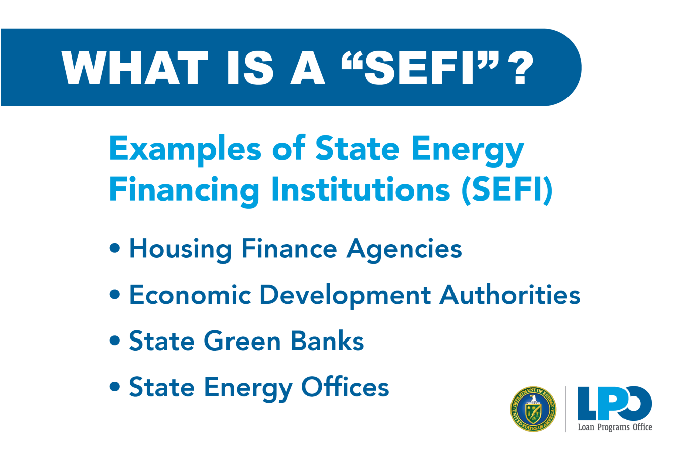 Typographic image that provides examples of potential SEFIs, such as Housing Finance Agencies, Economic Development Authorities, State Green Banks, and State Energy Offices.