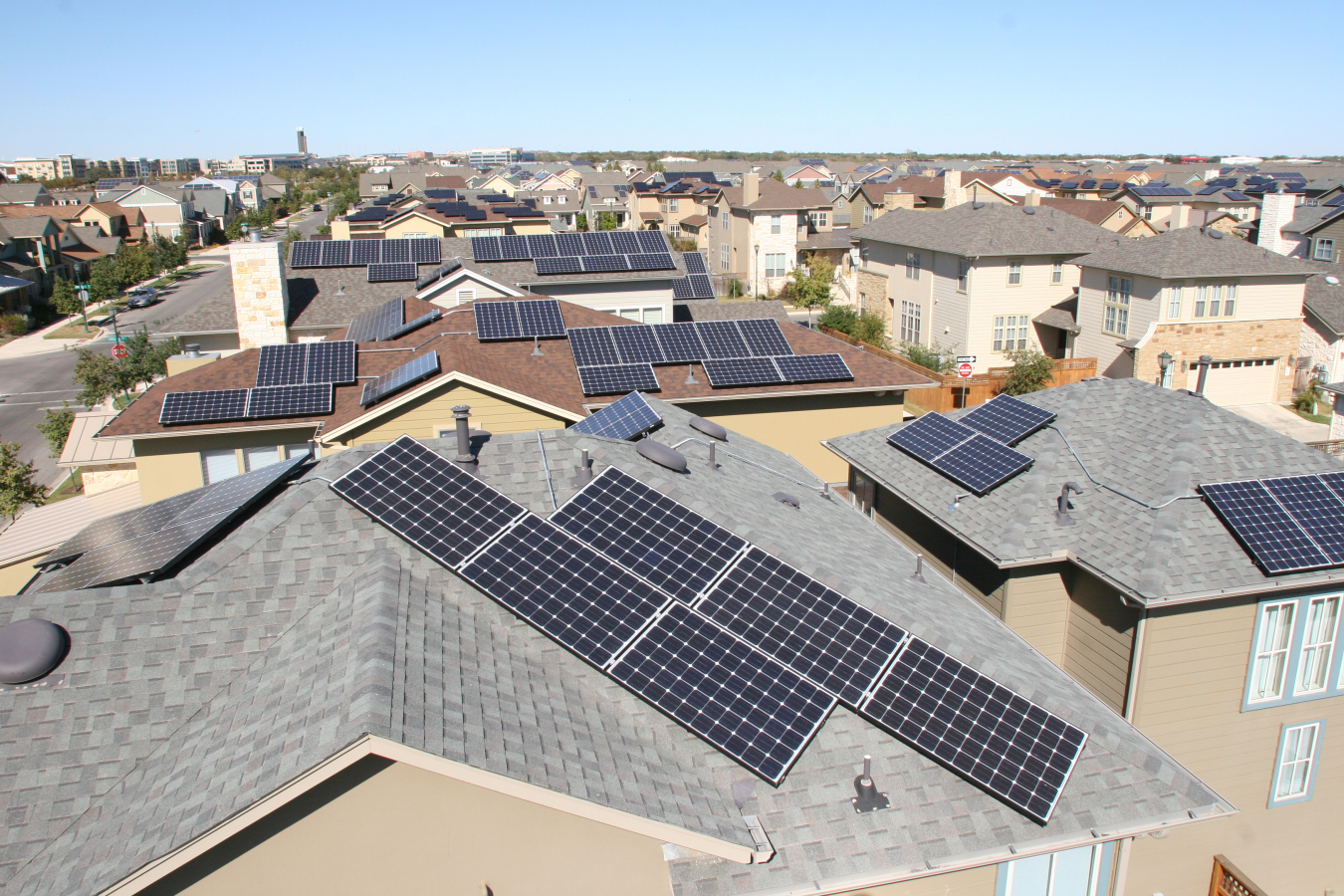 Aerial view of a Mueller neighborhood with solar panels.