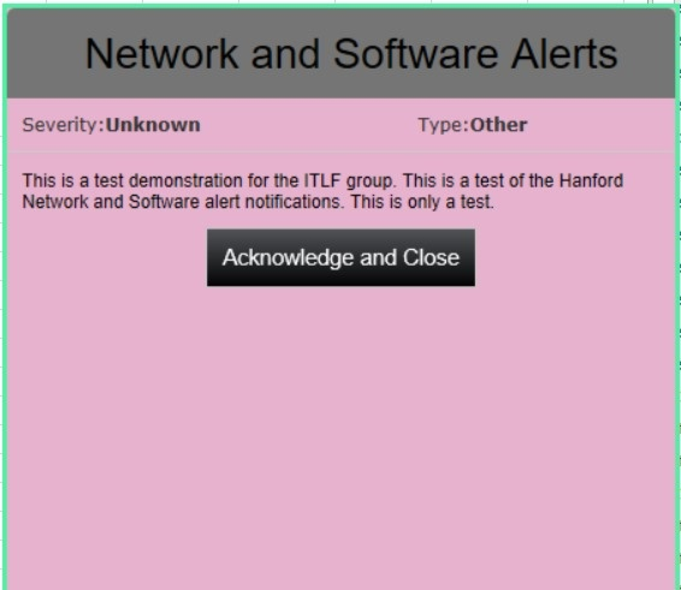 An example of an alert sent to computers on the Hanford Site, notifying workers of network or software disruptions.