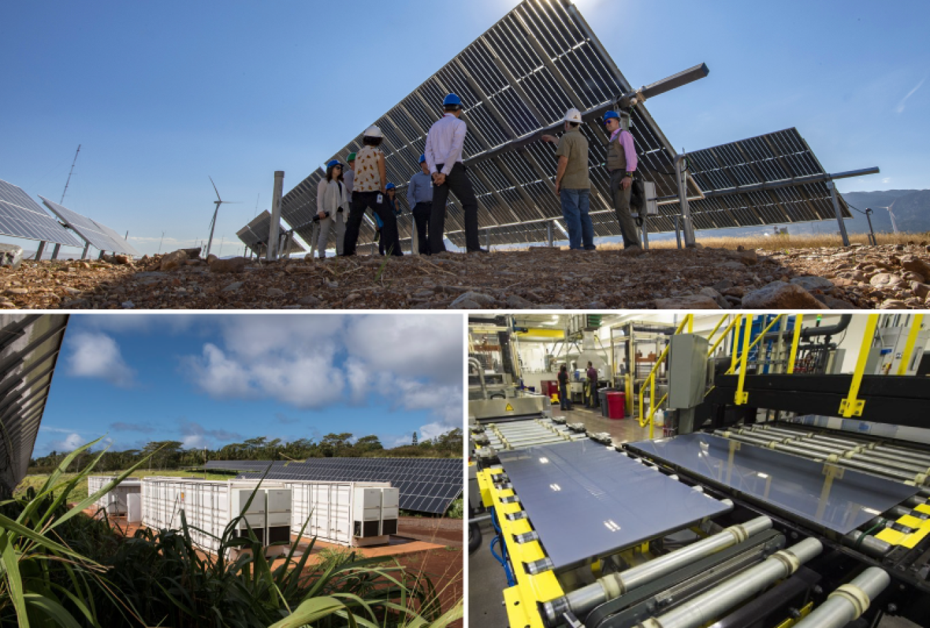 Photo collage. Top image: group touring a solar farm. Bottom left image: solar energy storage with greenery. Bottom right image: solar panel on rollers at manufacturing plant