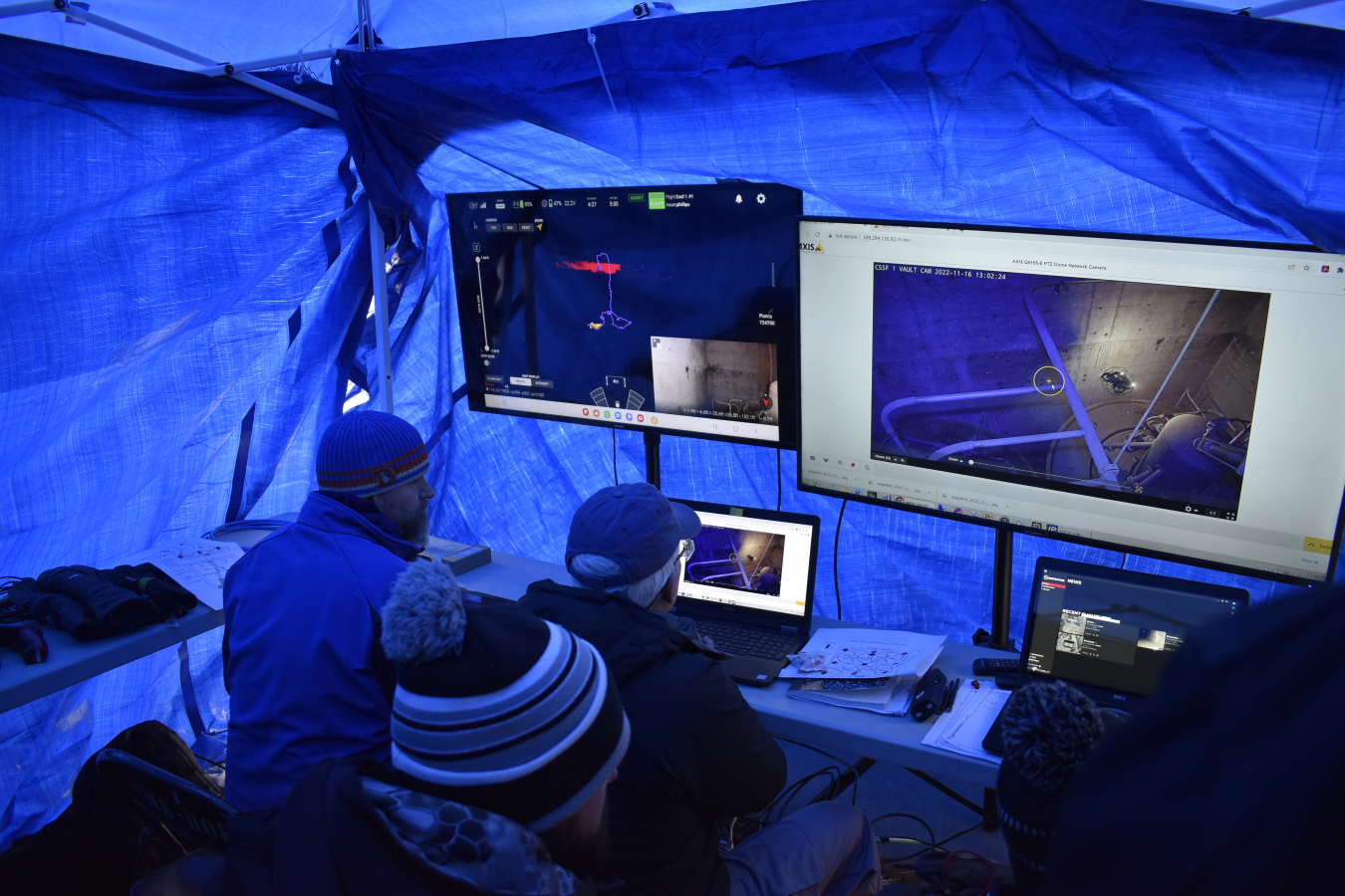 The Calcine Retrieval Project team conducts drone piloting operations from a temporary shelter at the Idaho National Laboratory Site.
