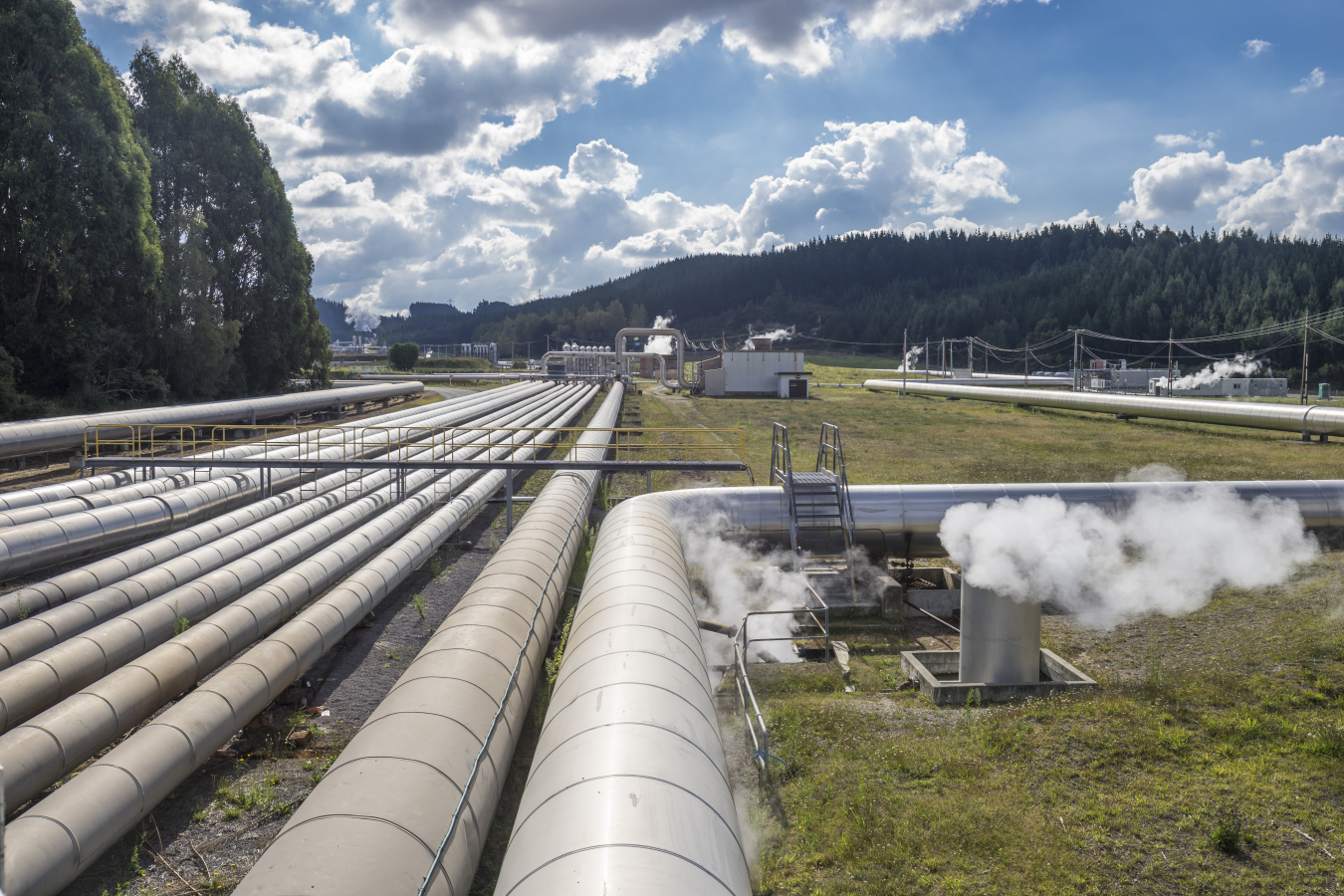 Pipes and steam at a geothermal power plant.