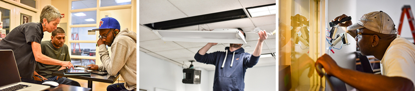 Left, three people in a classroom look at a tablet screen; middle, a man installs a troffer light fixture in a ceiling; right, a man installs a wall control panel.