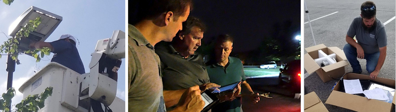 Left, a man in a bucket truck adjusts a streetlight ; middle, three men outside at night look at a tablet screen; right, a man surrounded by boxes in a parking lot reads an instruction manual.