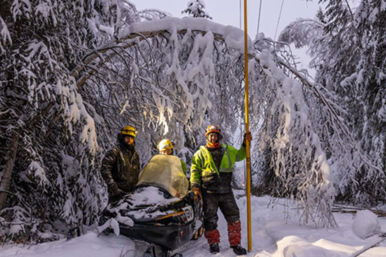 Workers stand in the snow.