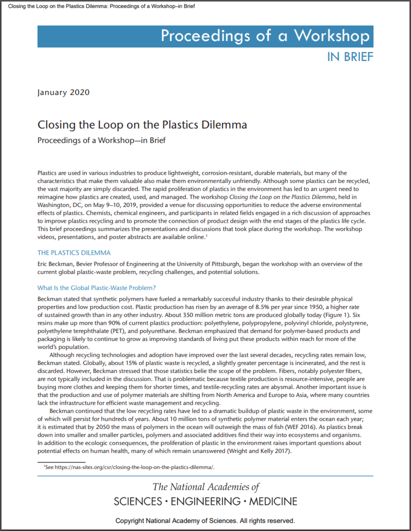 Closing the Loop on the Plastics Dilemma cover page