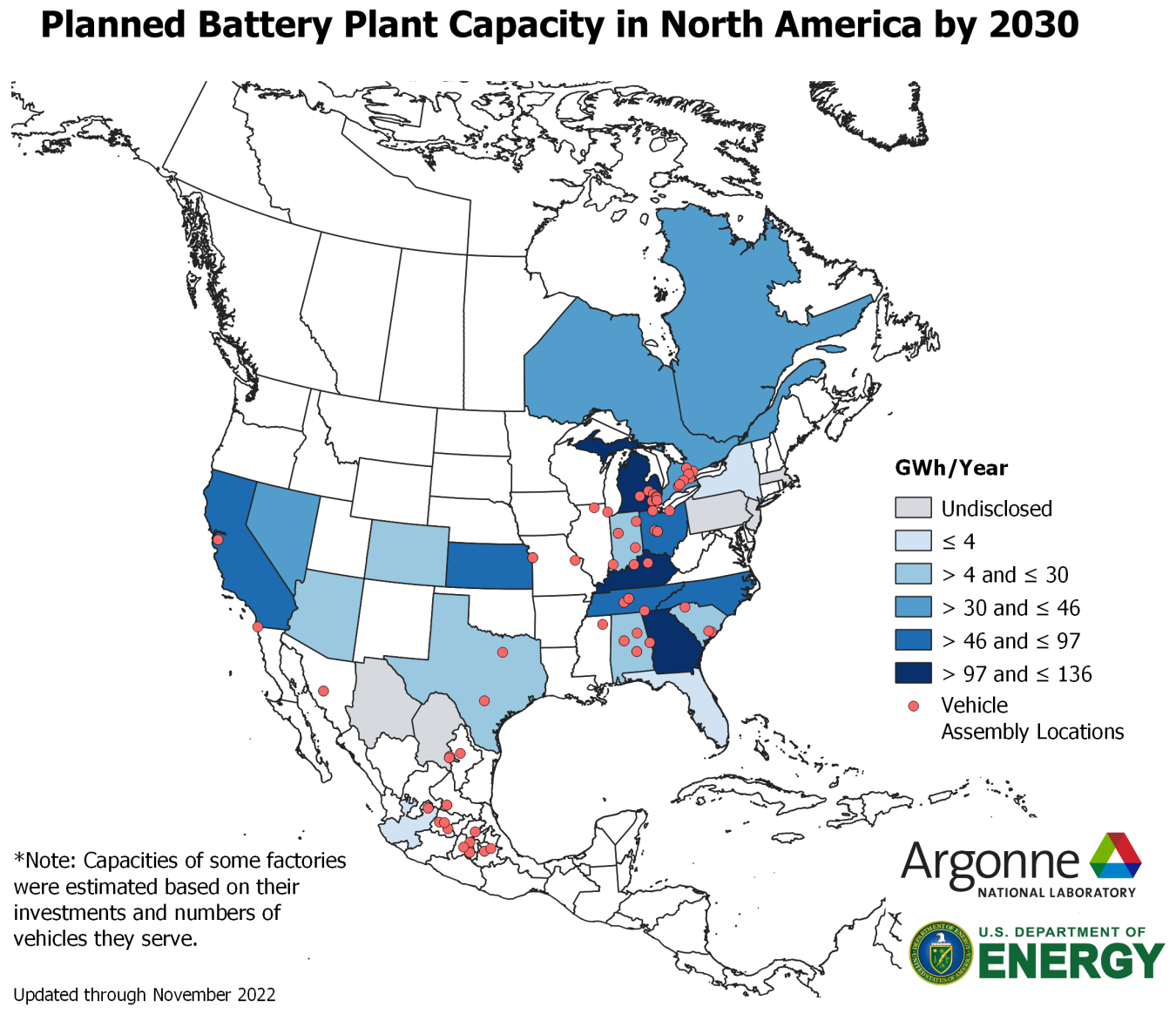 Planned Battery Plant Capacity in North America by 2030