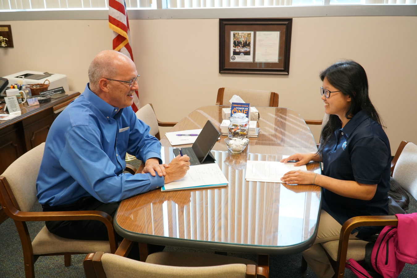 Savannah River Mission Completion (SRMC) engineer Shanna Xia meets with SRMC President and Program Dave Olson as part of his Shadow the President mentoring program.