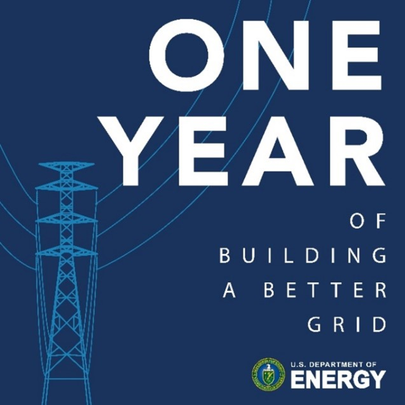 One Year of Building a Better Grid - Transmission tower and power lines against a dark blue background