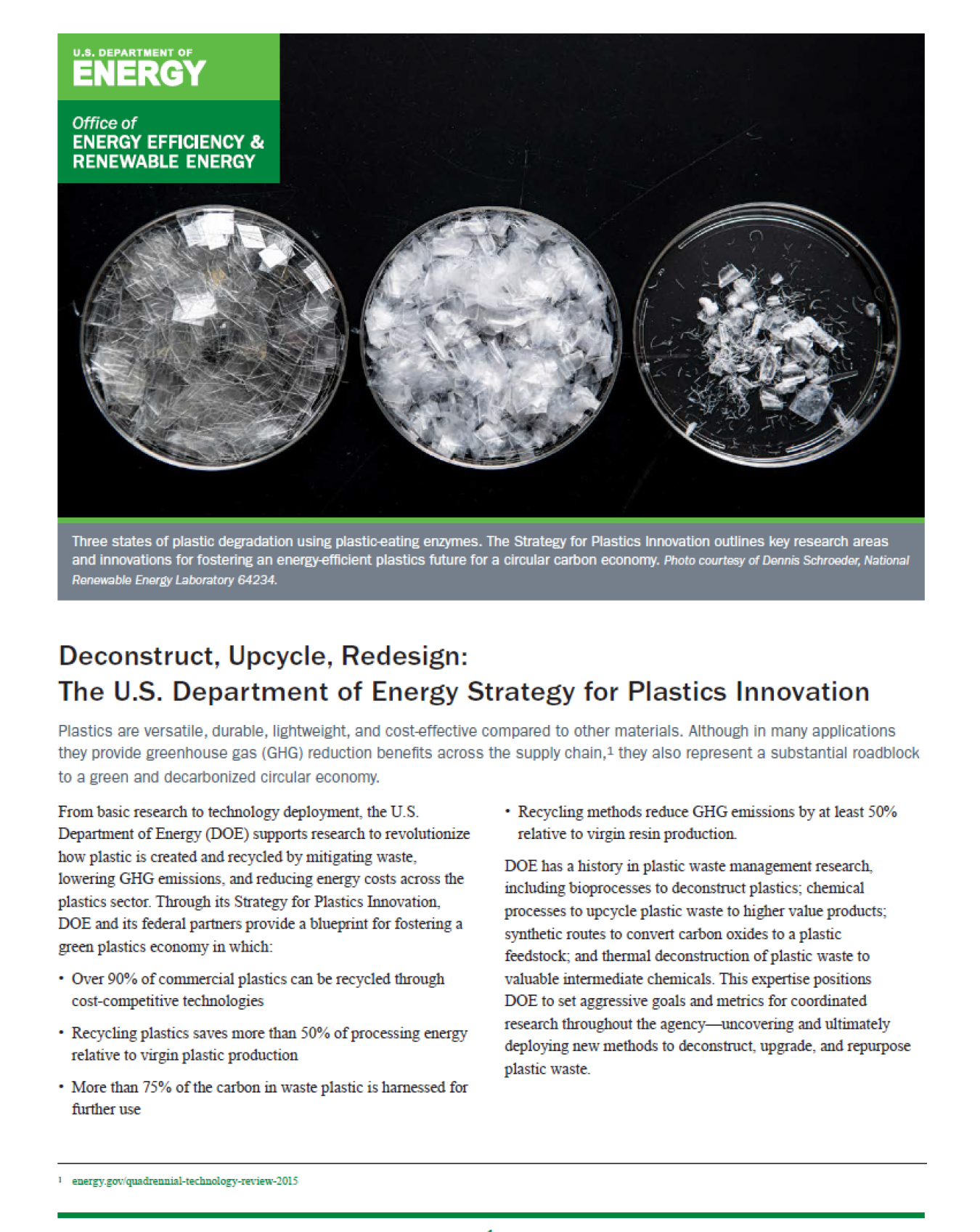 Deconstruct, Upcycle, Redesign: The U.S. Department of Energy Strategy for Plastics Innovation Fact Sheet cover page