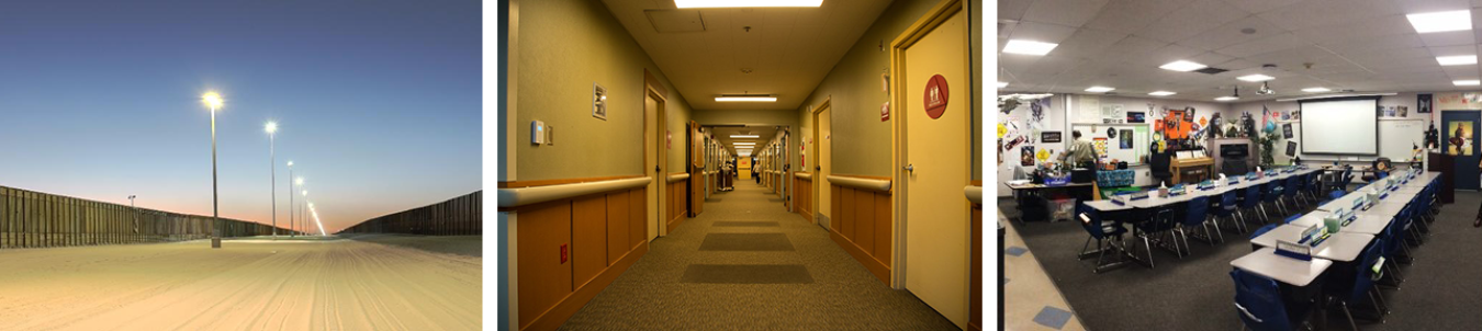 Left, a line of outdoor pole lights along a fence; center, a hallway in a healthcare facility; right, a classroom with 3 long tables.