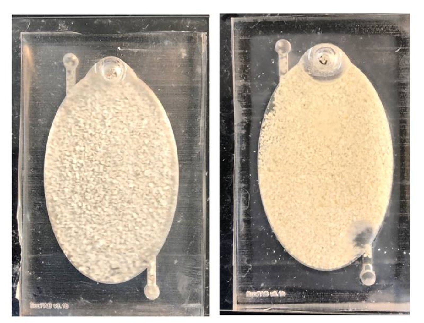 An EcoFAB device filled with quartz sand (left) and an EcoFAB device loaded with bacterial growth medium and inoculated with a synthetic soil community (right).