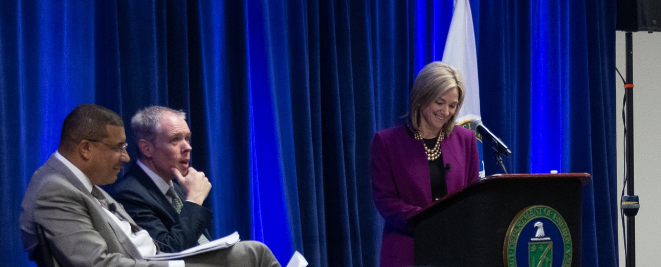 From left, National Nuclear Security Administration Principal Deputy Administrator Frank Rose, EM Senior Advisor William "Ike" White and DOE-Savannah River Office of External Affairs Director Amy Boyette are pictured at a town-hall style meeting with Savannah River Site employees late last week.