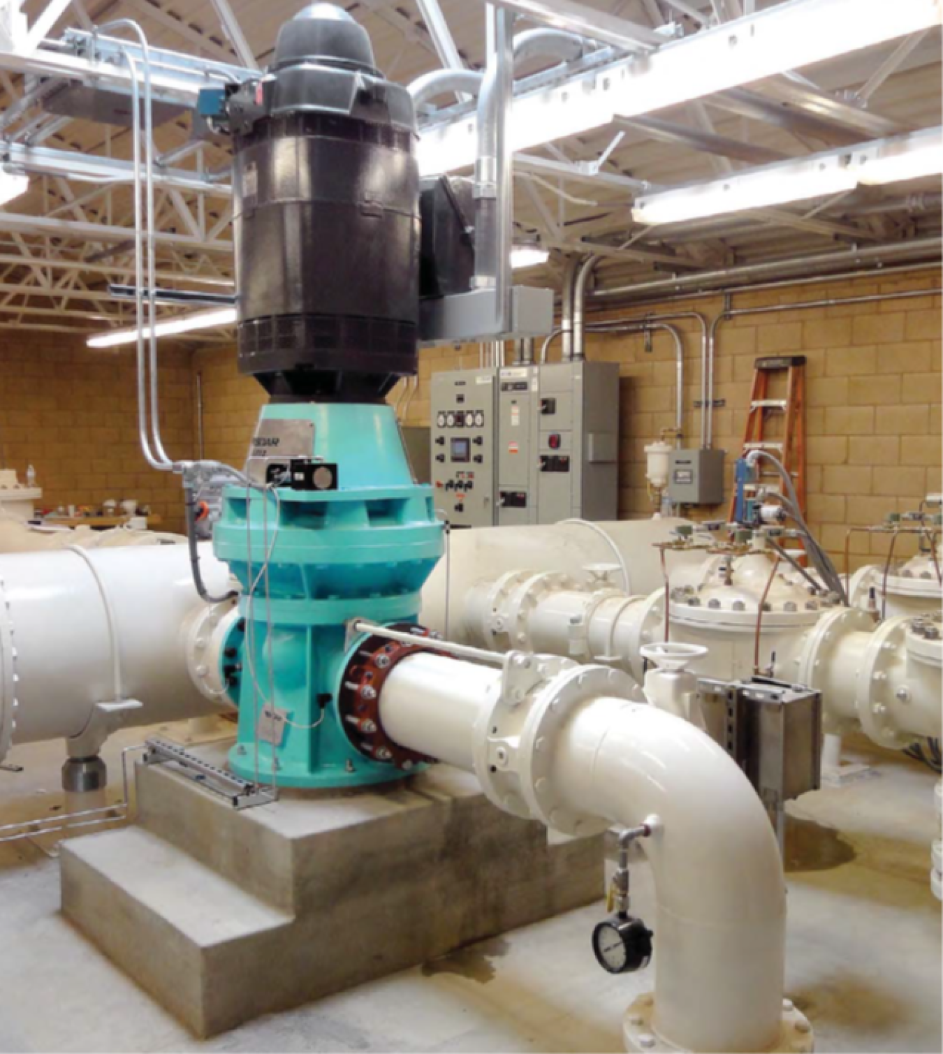 A hydropower turbine installed into an existing drinking water distribution system in California