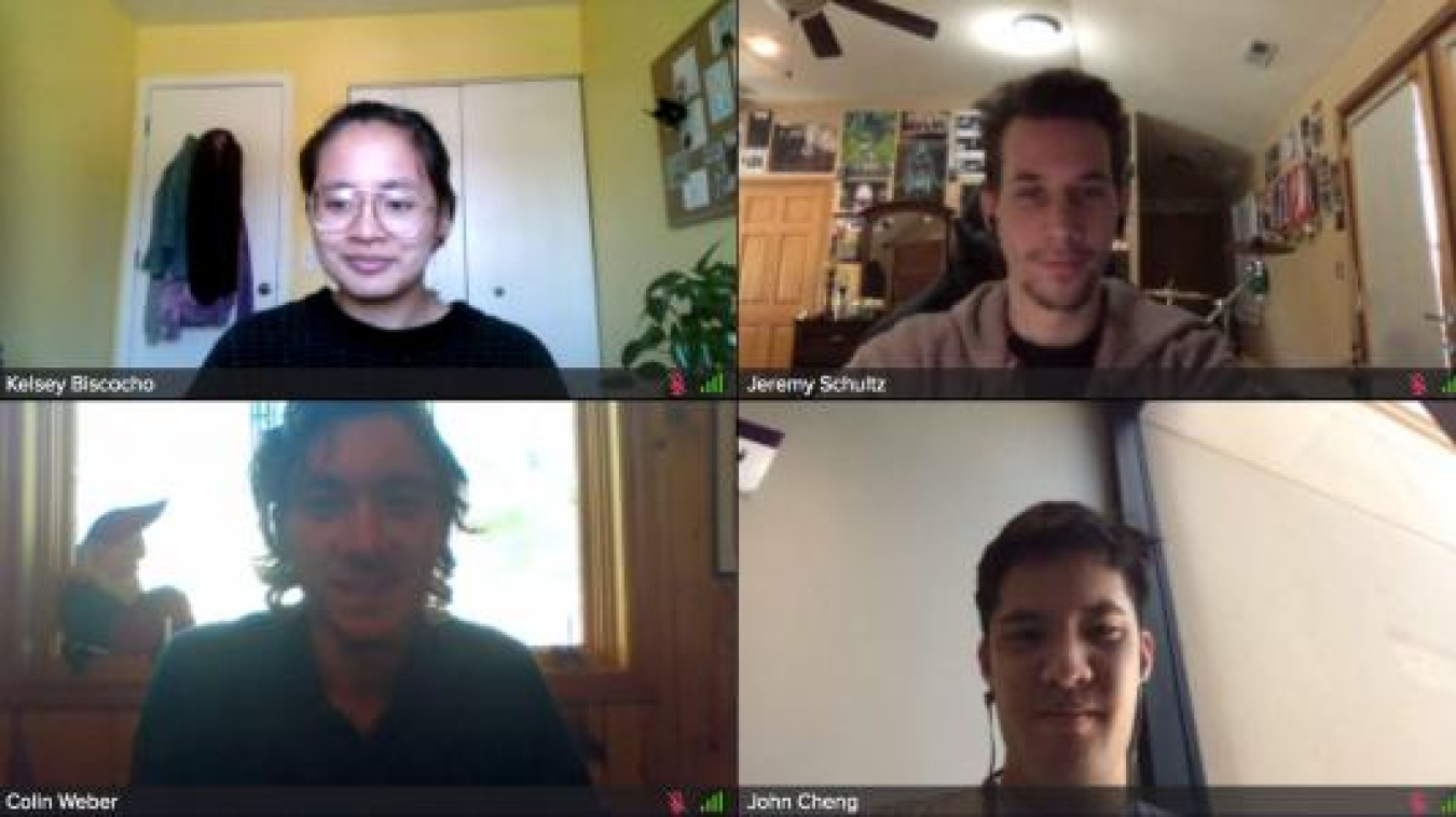 Screenshot of four interns (Kelsey Biscocho, Jeremy Schultz, Colin Weber, and John Cheng) attending a virtual meeting.