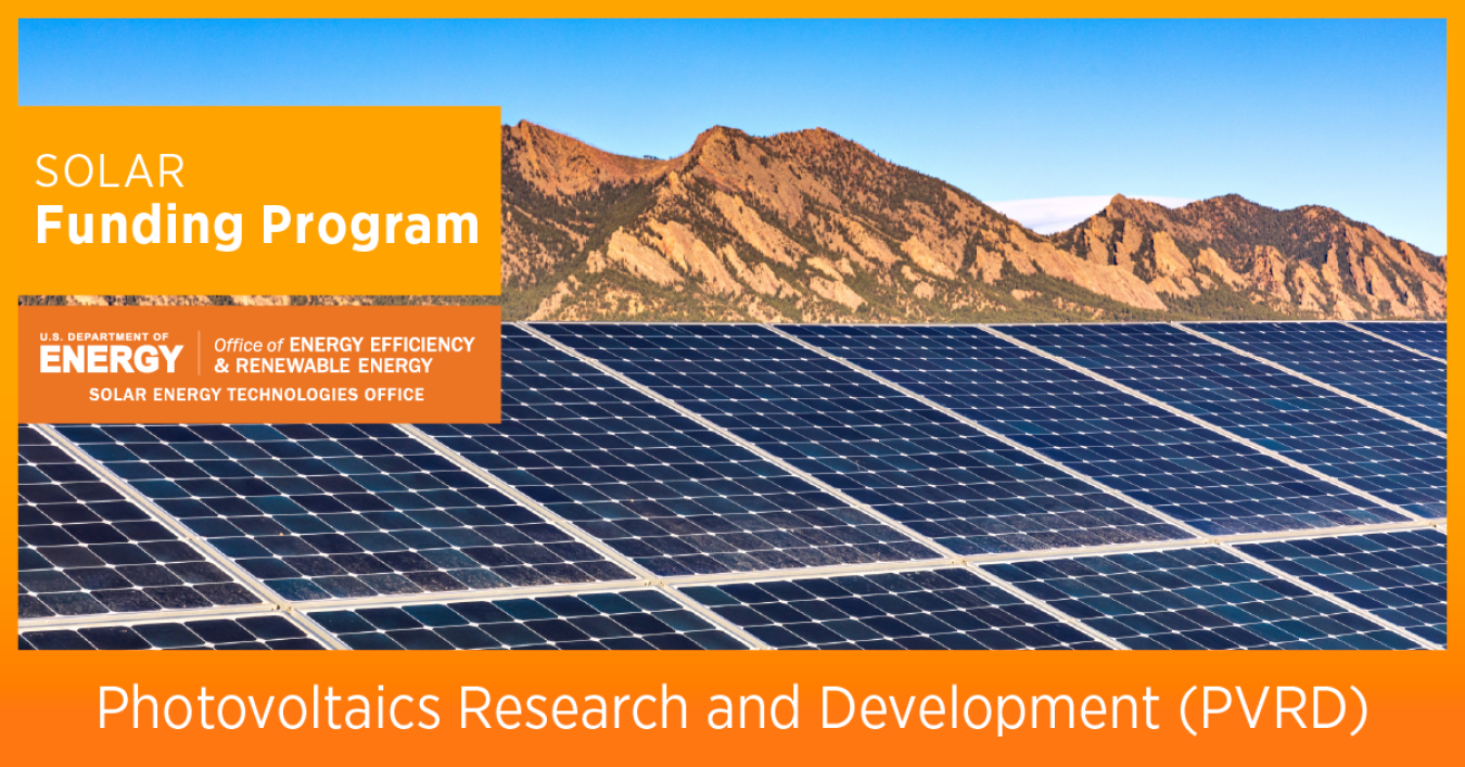 Photo of a solar panel array with overlay text "Photovoltaics Research and Development (PVRD)"