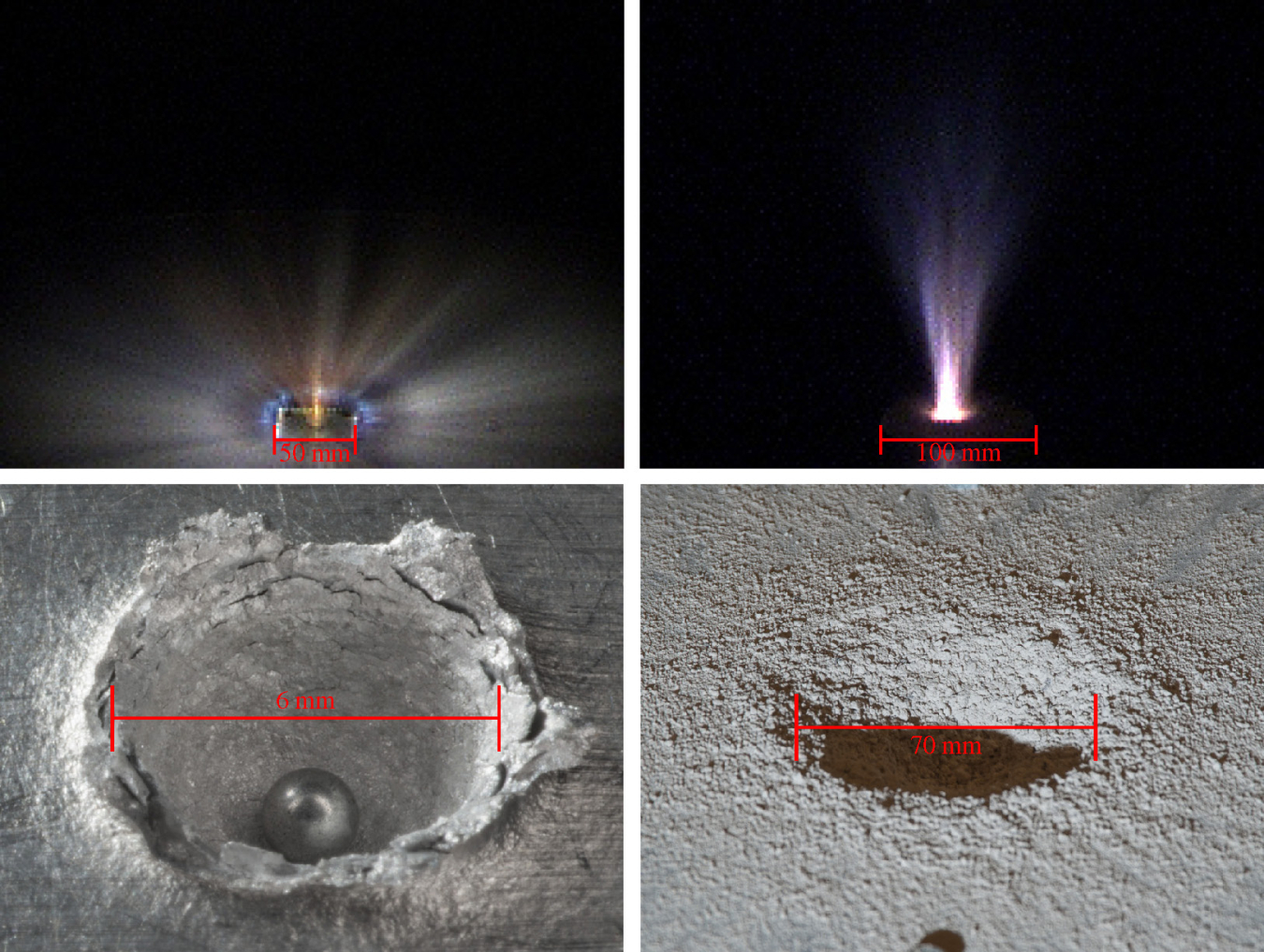 Impact flash and craters from gas-gun impacts on aluminum (left) and regolith simulant (right).