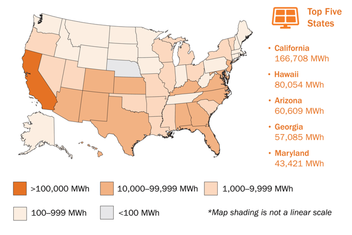 A heat map indicating the use of renewable electricity with on-site solar energy projects.