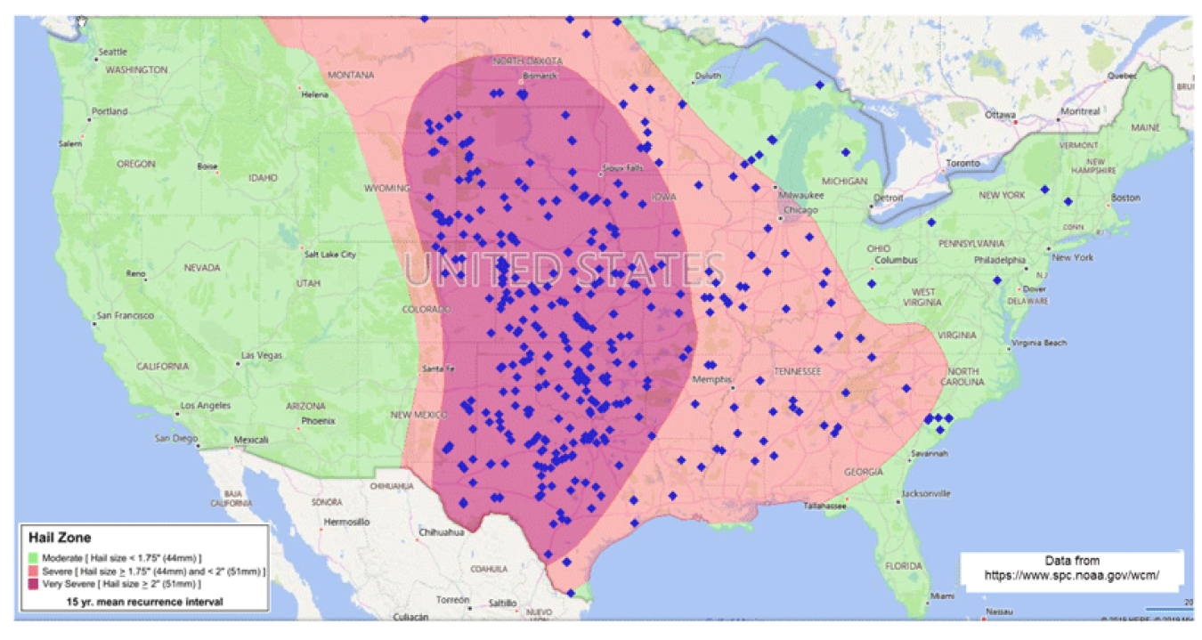 Map indicating moderate-to-severe hail zones in the United States.