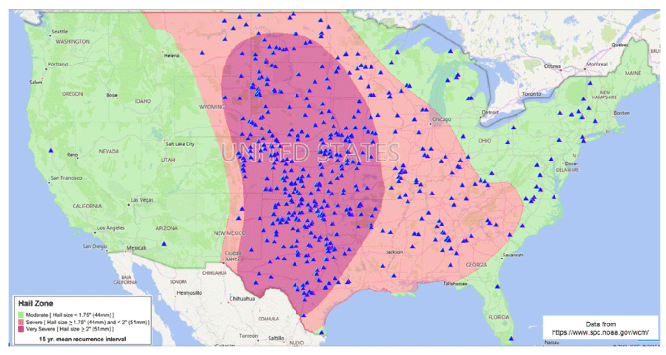 Map indicating moderate-to-severe hail zones in the United States.