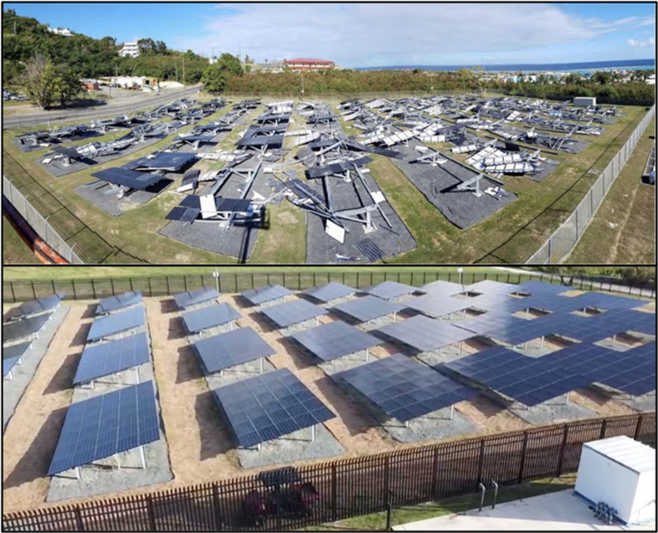Comparison of solar arrays after two different hurricane events. The top image shows damage, the bottom shows no damage.