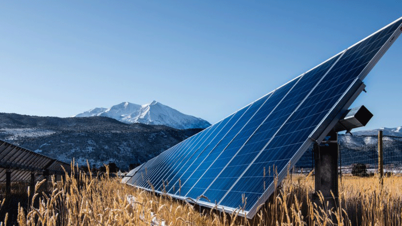 A solar array in a field of grass with a snow covered mountain in the background.