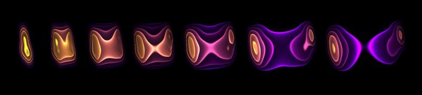 This graphic shows the energy density (yellow is high; purple is low) at different times during the hydrodynamic evolution of matter created in a collision of a lead ion (moving to the left) with a photon emitted from another lead ion (moving to the right).