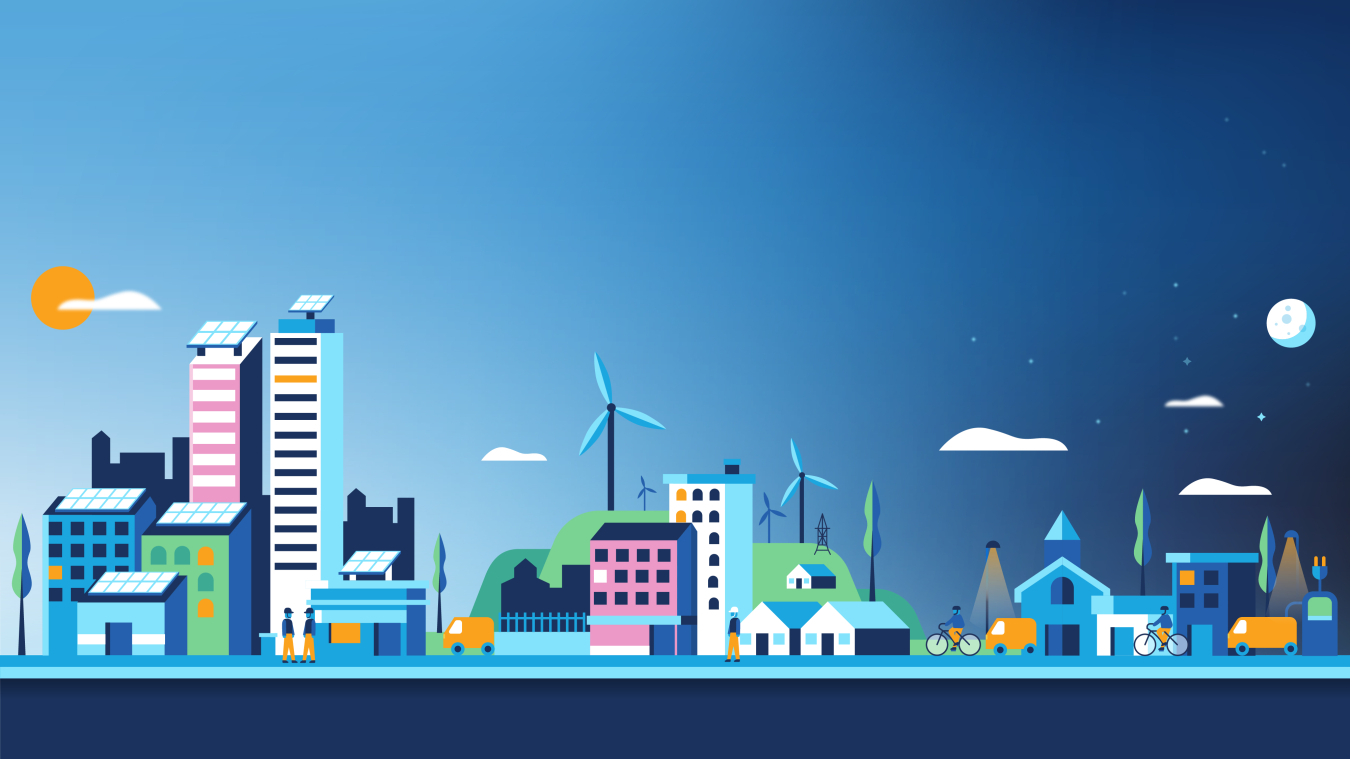 Illustration of a city skyline with solar panels on roofs and windmills in the distance.