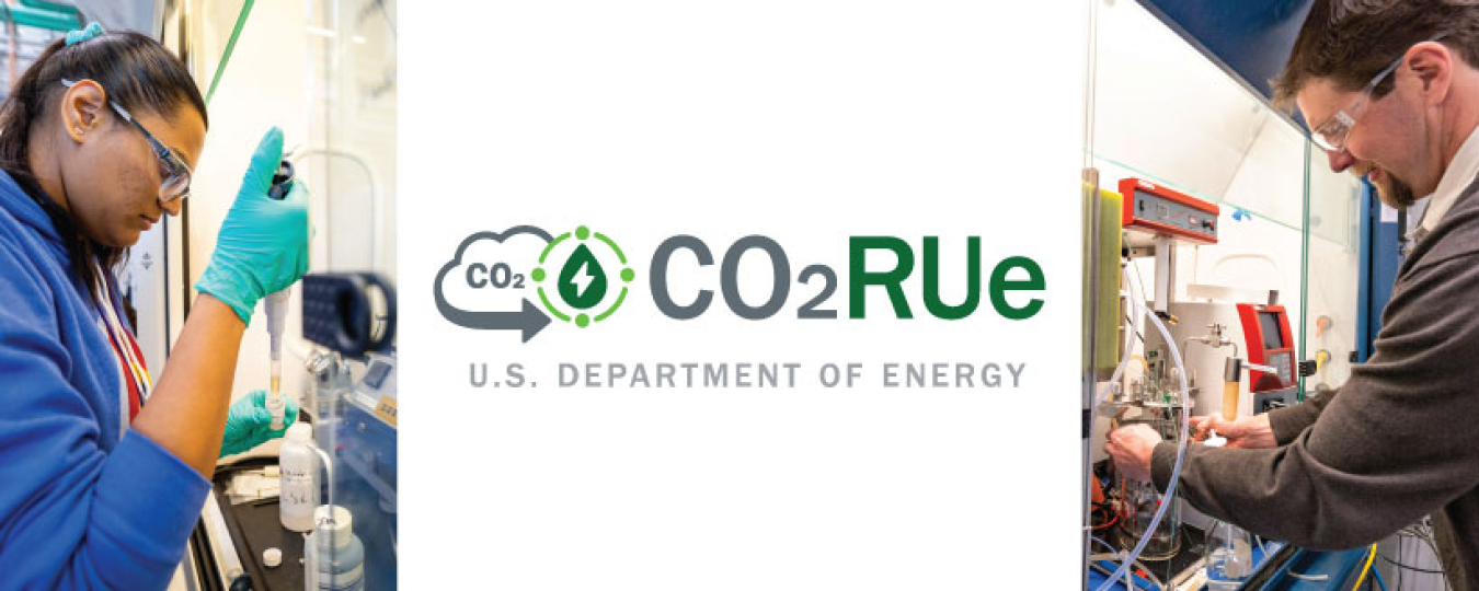 a collage of images showing two scientists working with lab equipment and the CO2RUe logo