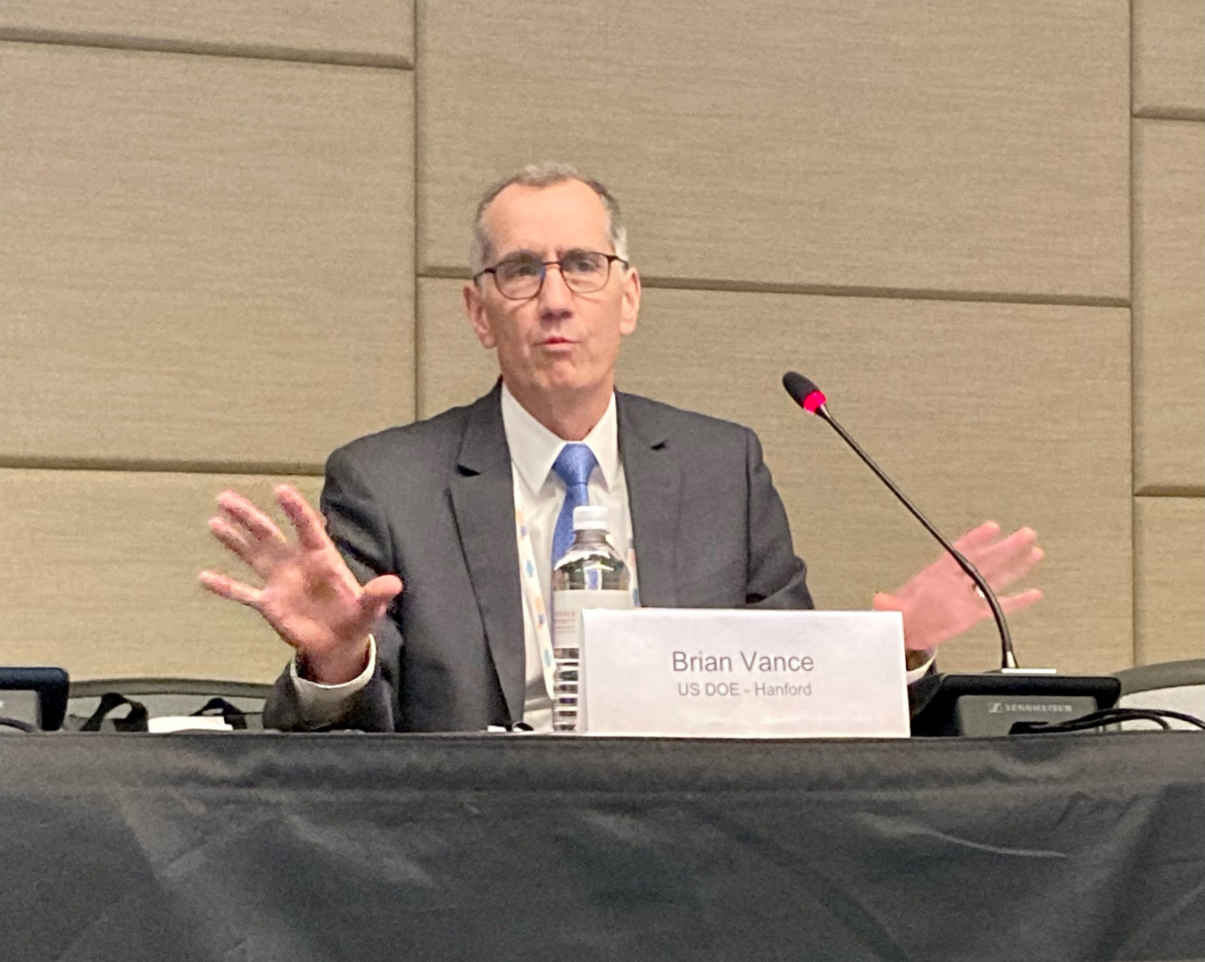 Brian Vance, manager of EM’s Office of River Protection and Richland Operations Office, discusses Hanford's Waste Treatment and Immobilization Plant and Direct-Feed Low-Activity Waste (DFLAW) Program during a panel session at the 2023 Waste Management Symposia.