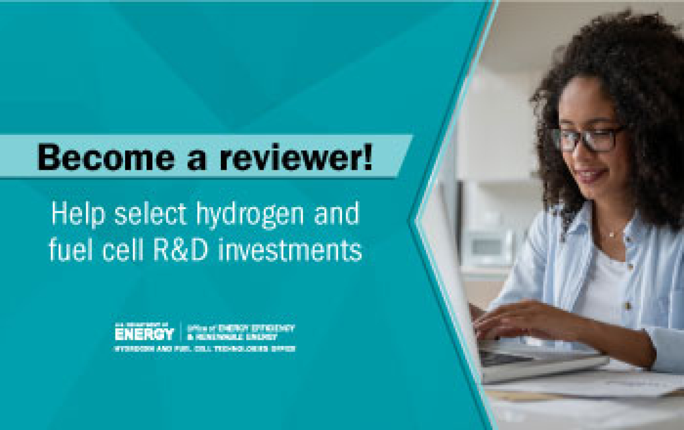Woman works on a laptop. Text: Become a reviewer! Help select hydrogen and fuel cell R&D investments