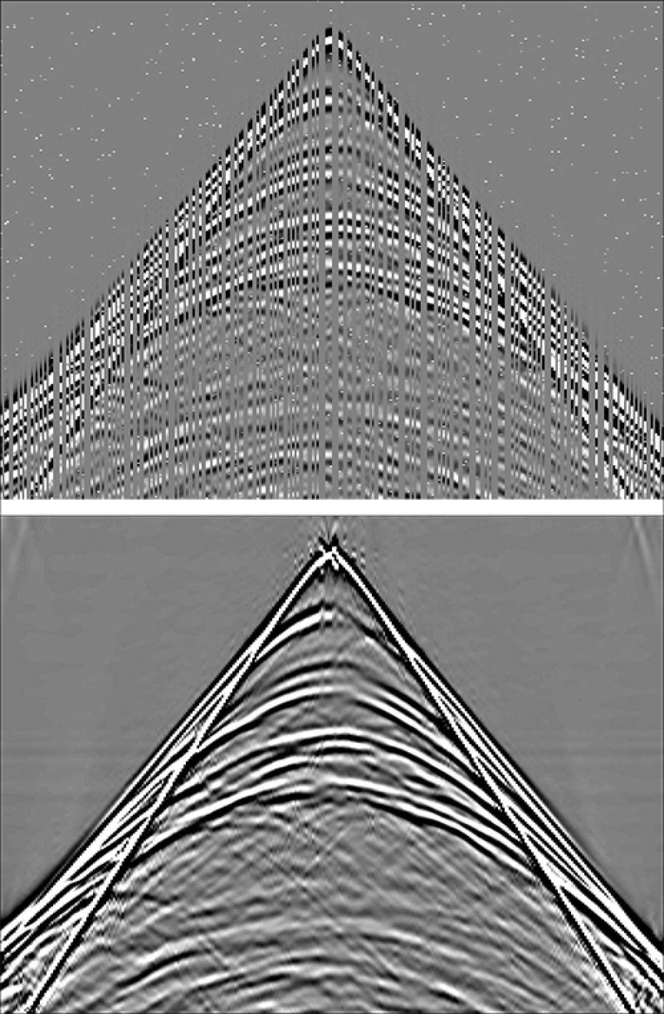nterpolation and denoising results for a common source extracted from a seismic line simulated using a two-dimensional model. The top figure represents missing data with non-Gaussian, noisy outliers; the bottom figure represents image reconstruction with nonsmooth cost-function and constraint.