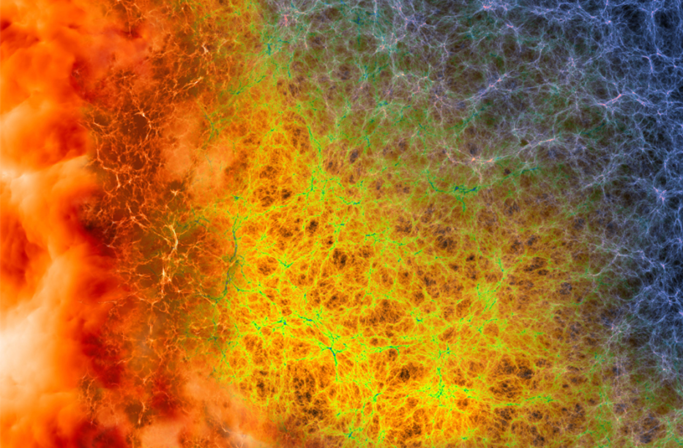 Images from a computer simulation showing spiderweb-like strands of matter shown in different colors, with dark blue/purple towards the right and red/orange on the left.