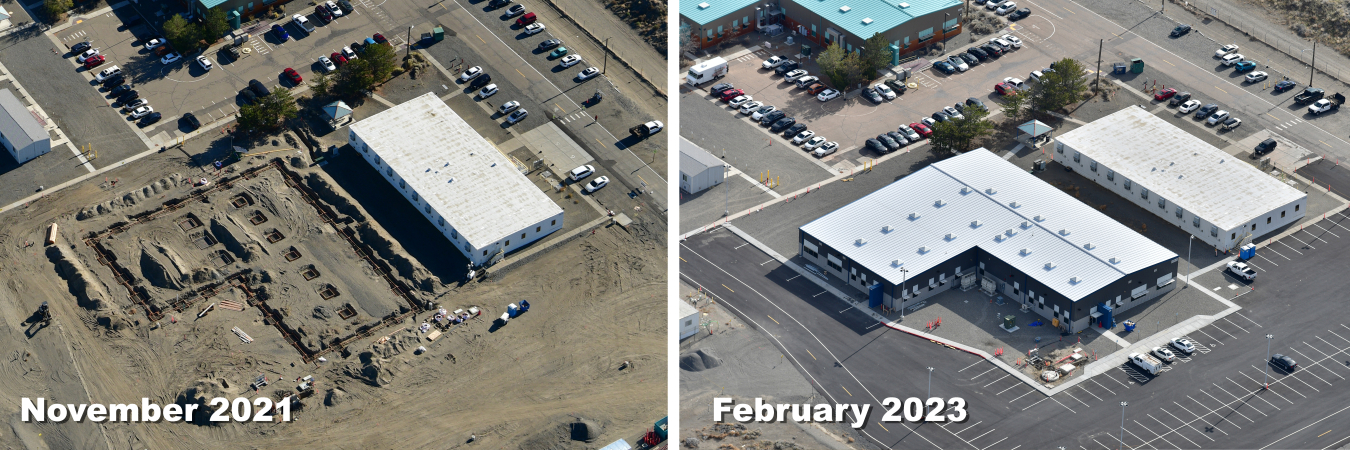The site of a new office building for the 222-S Laboratory on the Hanford Site is pictured in November 2021 when construction started on the 17,600-square-foot space, and in February 2023, a few months before the project’s completion.