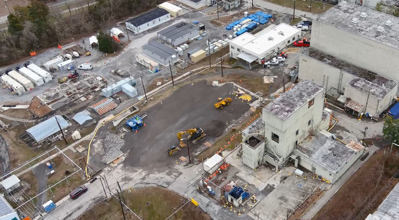 The Oak Ridge Office of Environmental Management and contractor UCOR are changing the skyline in the heart of the Oak Ridge National Laboratory. Pictured at center is the cleared footprint of the former Bulk Shielding Reactor demolished last year. Now, demolition is underway on the Low Intensity Test Reactor, pictured at bottom right.