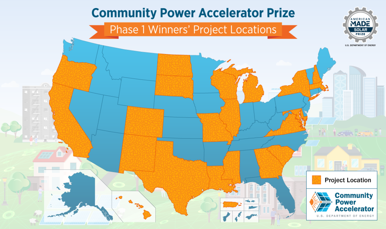 This map displays the locations of the Community Power Accelerator Prize competitors.
