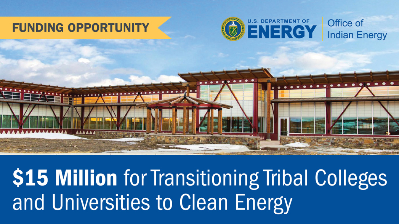 A college campus building with a text overlay: "Funding Opportunity: $15 Million for Transitioning Tribal Colleges and Universities to Clean Energy"