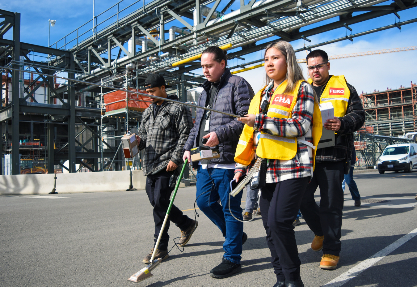Waste Treatment and Immobilization Plant staff members, from left, Nathan Segura, Liam Ward, Vannie Pham and Fernando Curiel participate in a recent ammonia leak-detection drill.