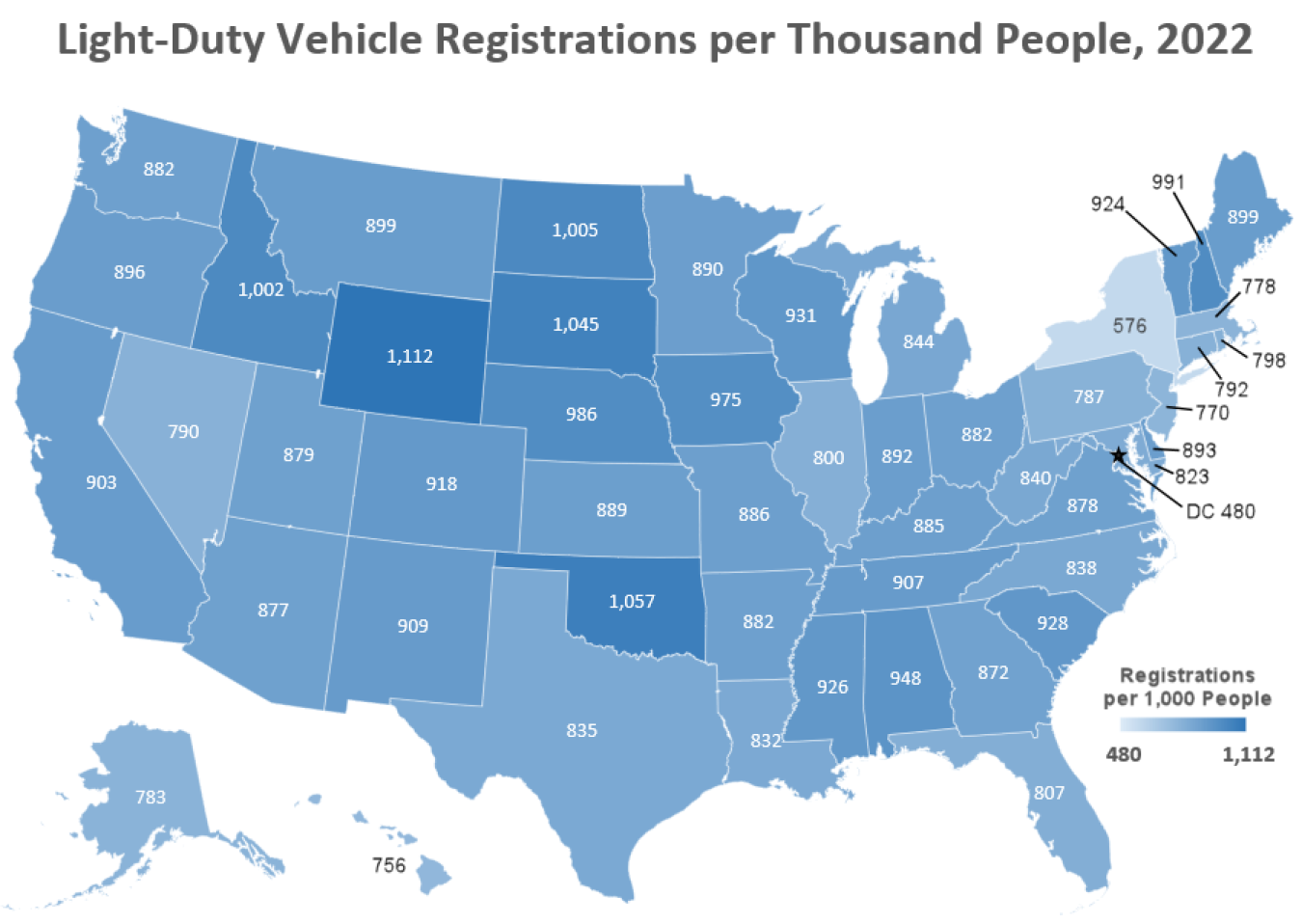 Light-Duty Vehicle Registrations per Thousand People, 2022