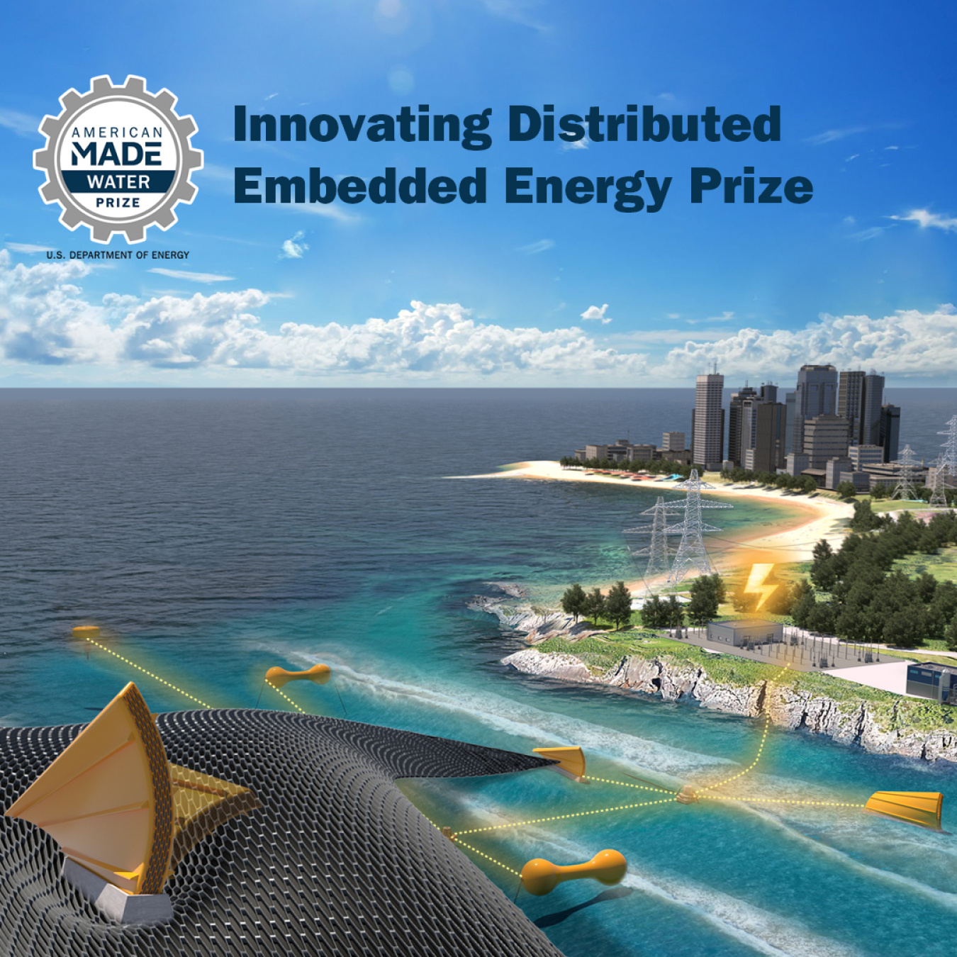 Diagram of wave energy converters that reads Innovating Distributed Embedded Energy Prize