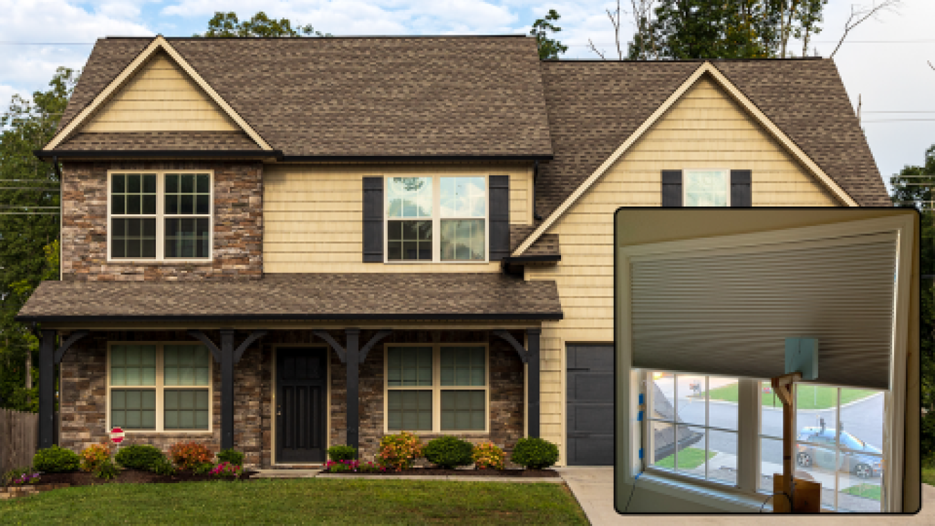 The exterior of a home, with an inset image of the cellular shades on a window.