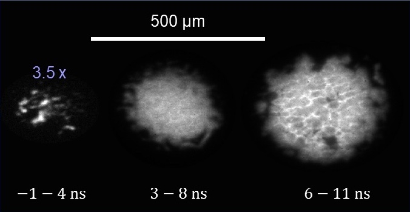 Time lapse images, left to right, taken over a 5-nanosecond period of thermal emission produced as a flyer plate traveling at 3.7 kilometers per second struck nitromethane.