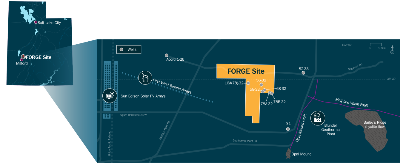 A map of the FORGE site with an inset of a smaller map showing where it is located in Utah.