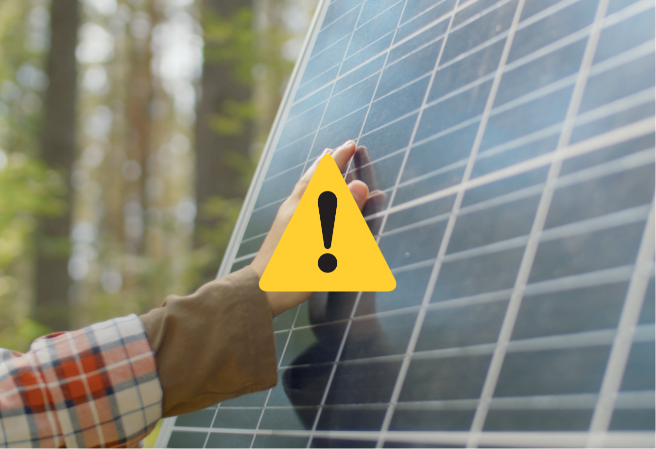 A hand touching a solar panel with a caution symbol overlay
