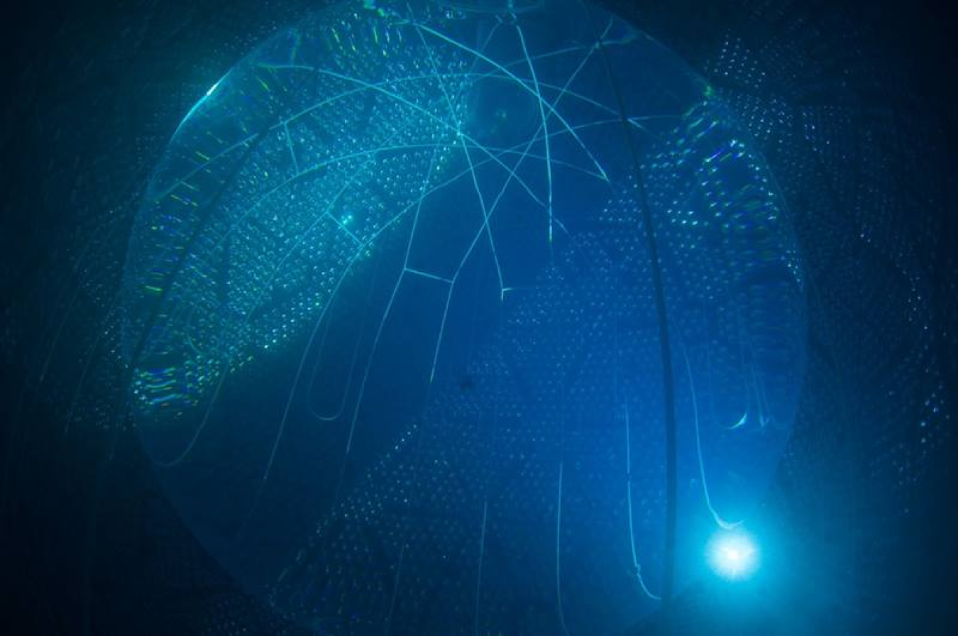 The SNO+ detector 2 kilometers deep in a mine in Ontario, Canada. The image shows the ropes that hold the 12 m-diameter acrylic vessel filled with 1,000 tons of water and the light sensors that detect tiny amount of light from neutrino interactions.