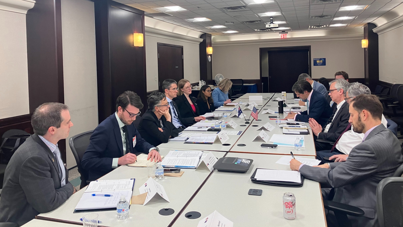 Department of Energy and Australian energy and climate officials sit around a table in a conference room.