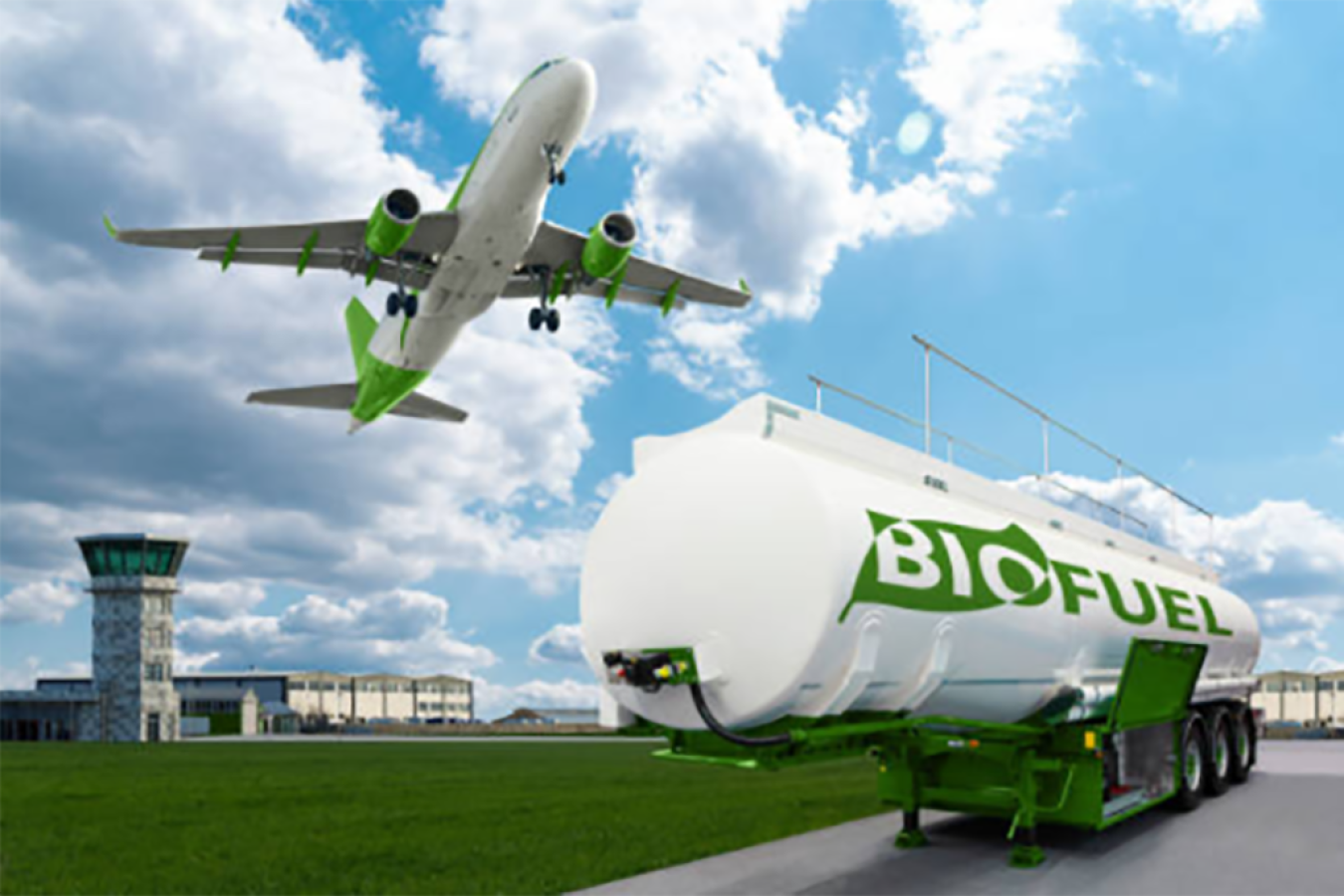 A photo of a plane flying over an oil tanker with the text: BIOFUEL on it.