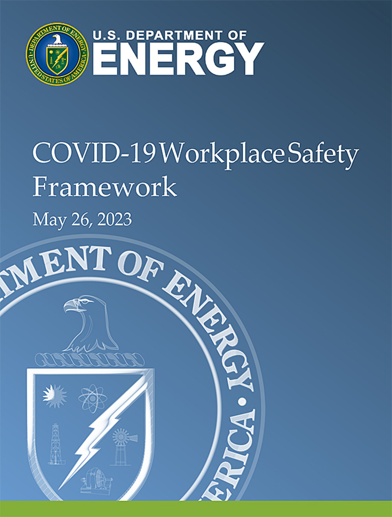 Image of the cover page of the DOE COVID 19 Workplace Safety Framework, dated May twenty sixth, two thousand twenty three