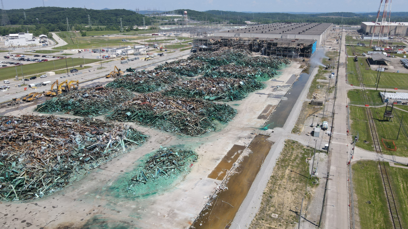 At the OSWDF, placement operations continue as a landfill compactor compresses debris from the X-326 demolition project