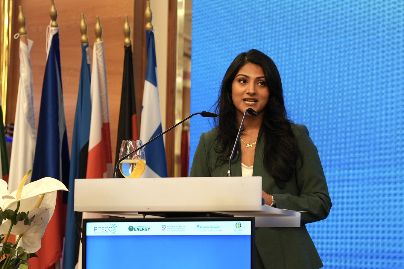 Department of Energy Economist Shiyana Gunasekara stands at a podium and speaks to a room full of people during the Partnership for Transatlantic Energy and Climate Cooperation event.